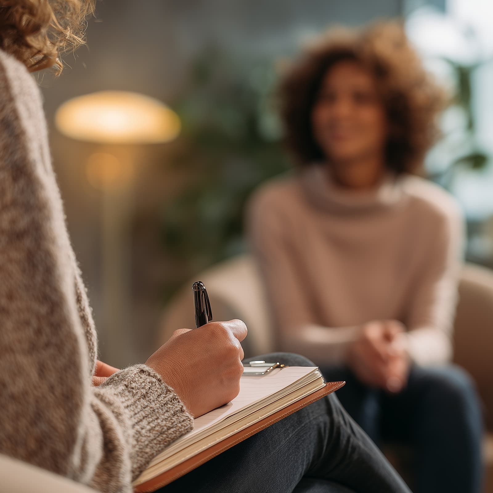 Terapeuta tomando notas en consulta, con una paciente al fondo